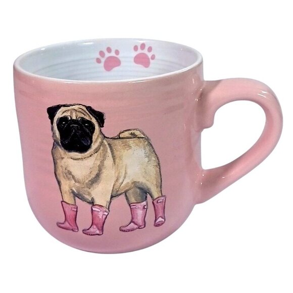 Pug Dog Coffee Mug Tea Cup Pink Boots Rainy Day Paw Prints inside - Picture 1 of 5